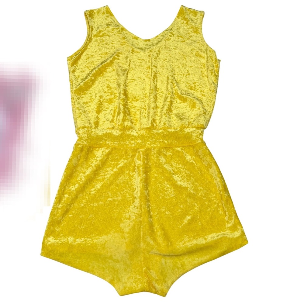 Vintage Yellow Crushed Velvet Romper Sleeveless V-Neck Retro Dopamine Kidcore S - Picture 9 of 9